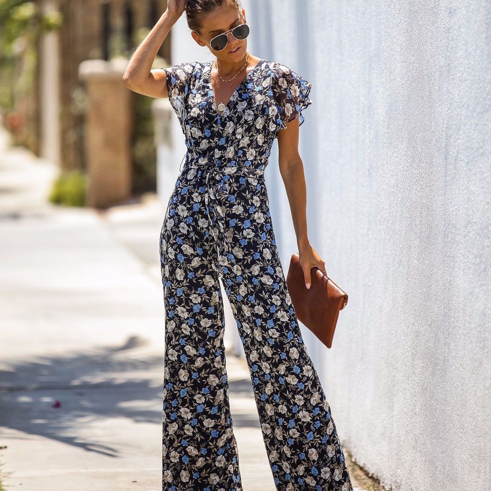 ADORN FLORAL CHIFFON OPEN BACK JUMPSUIT